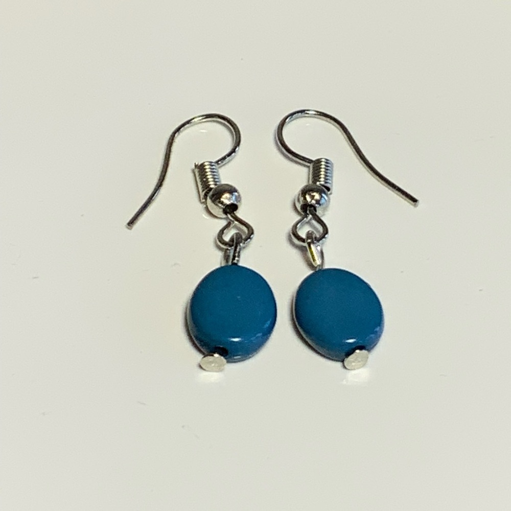 Earrings Blue Oval Beads Silver Tone Dangle Handmade Lightweight